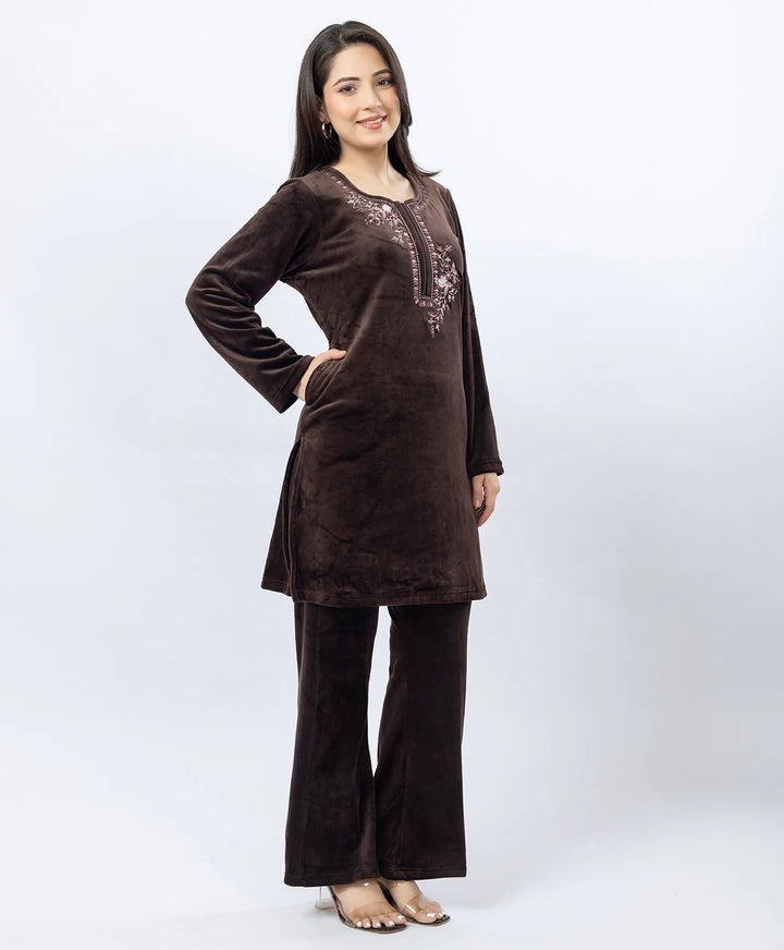 Round Neck Buttoned Kurta and Trouser Set with Embroidery & Pockets.