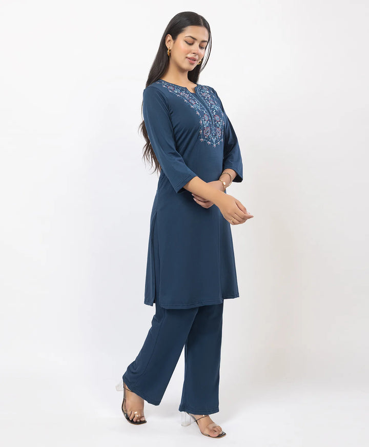 Stylish Neckline Embroidery Straight Kurta Pant Set