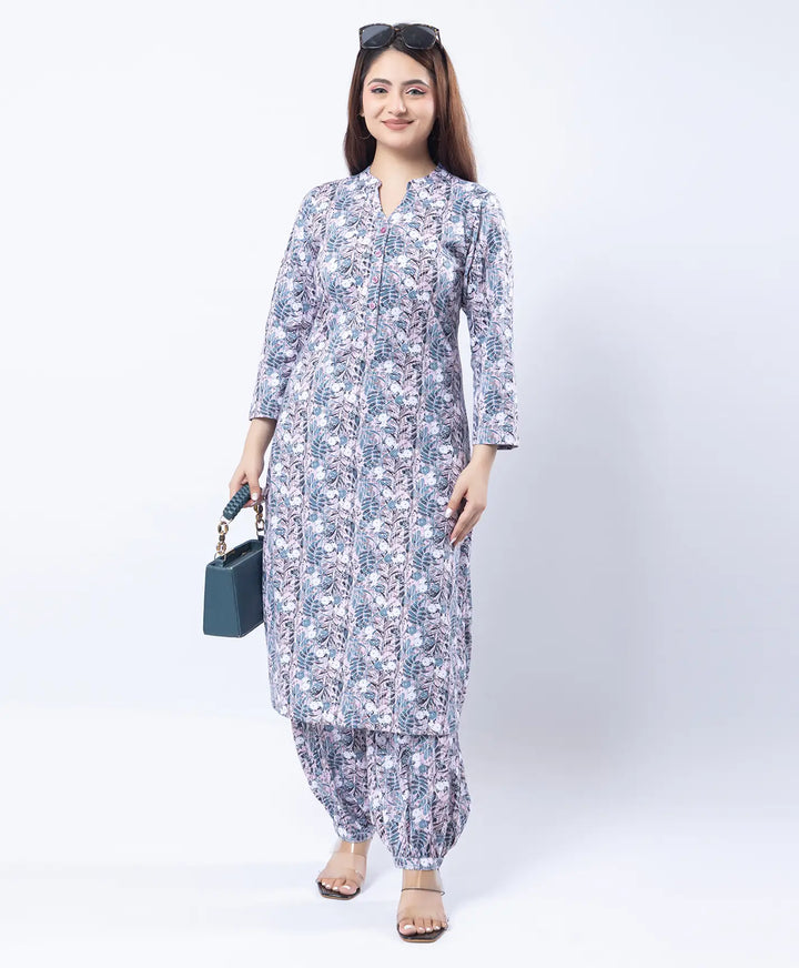 Mandarin Collar Quarter Sleeve Floral Kurti & Narrow Ankle Hem Afghani Suit