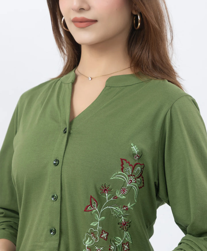 Front-Open Casual Embroidered Co-Ord Set