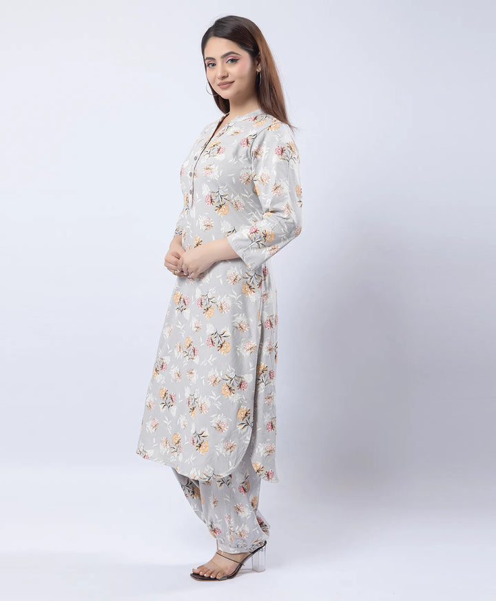 Mandarin Collar Quarter Sleeve Floral Kurti & Narrow Ankle Hem Afghani Suit