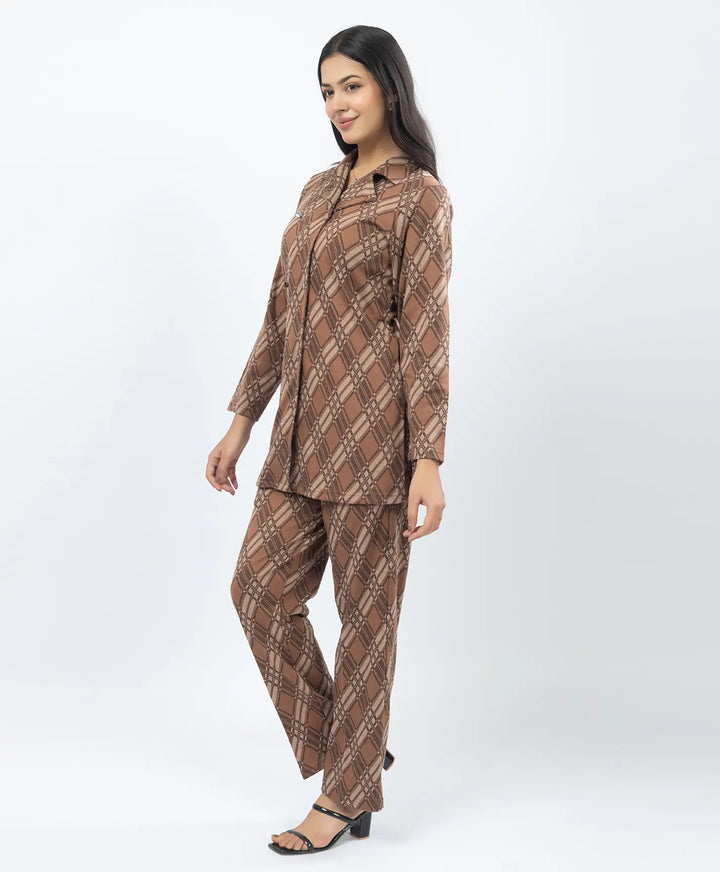 Checkered Co-Ord Set with Double-Button Front Placket & Straight Pants