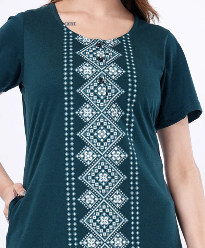Elegant Printed Button-Neck Straight Long Top