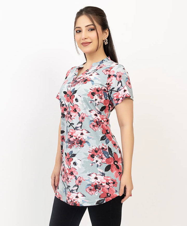 Floral Print Short Sleeve Tunic Kurti