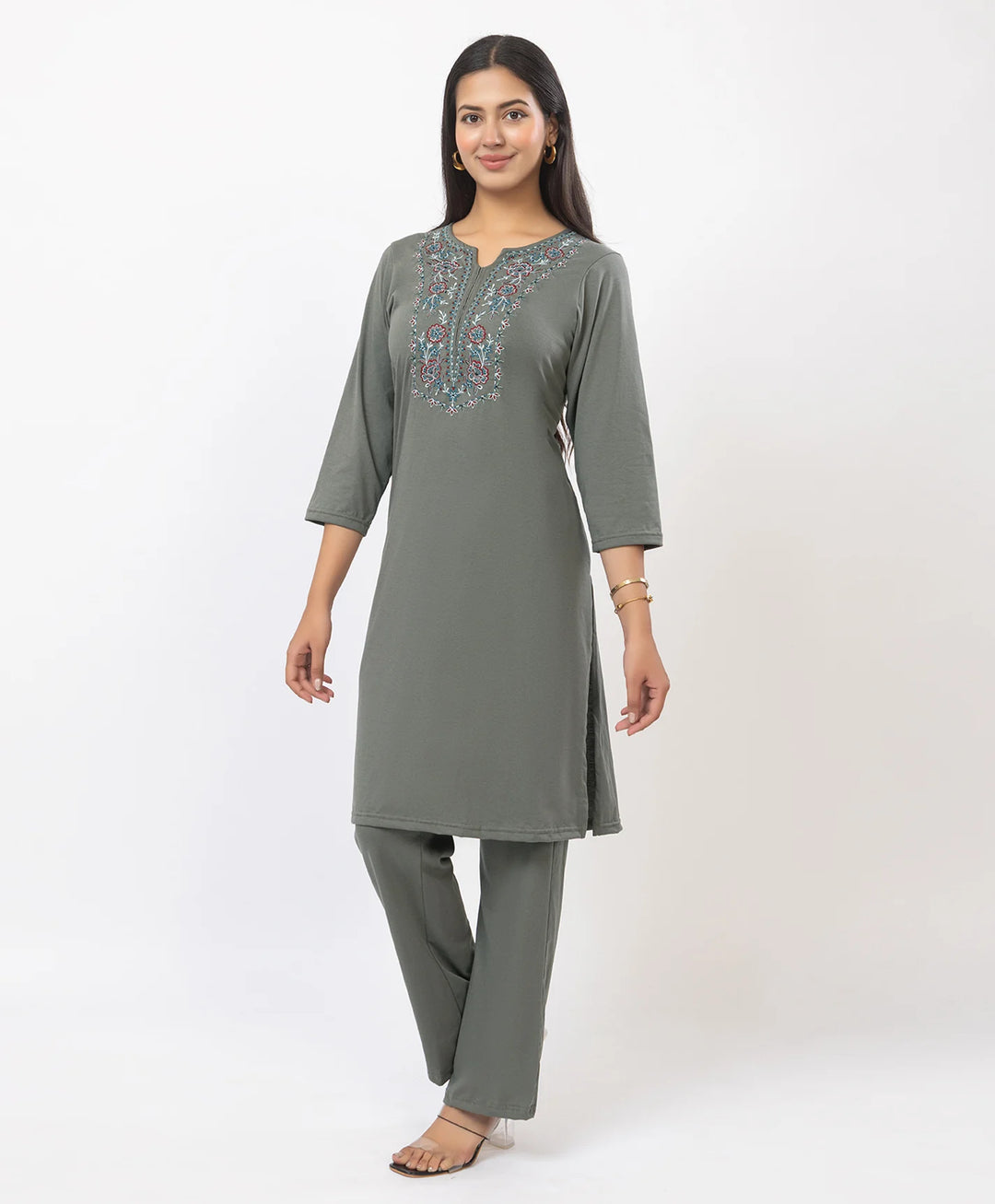 Stylish Neckline Embroidery Straight Kurta Pant Set