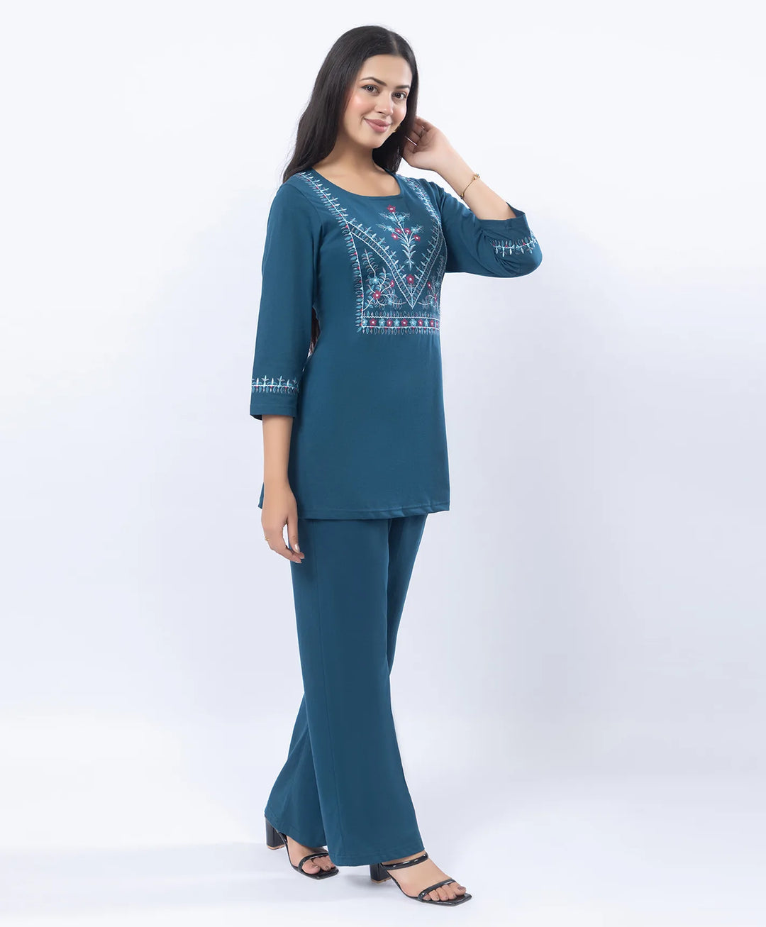 Premium Round Neck Embroidered Straight-Fit Co-Ord Set
