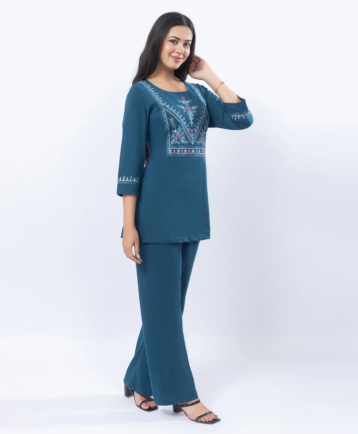 Premium Round Neck Embroidered Straight-Fit Co-Ord Set