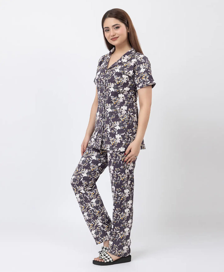 Floral Charm Front Open Night Suit