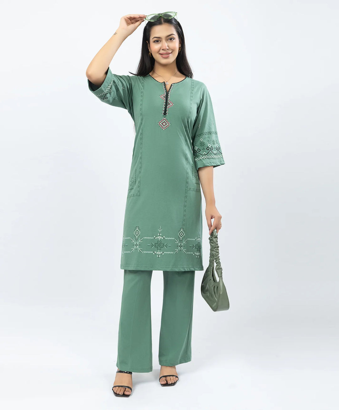 Straight Fit Long Kurta Set with Printed Embroidery Accents