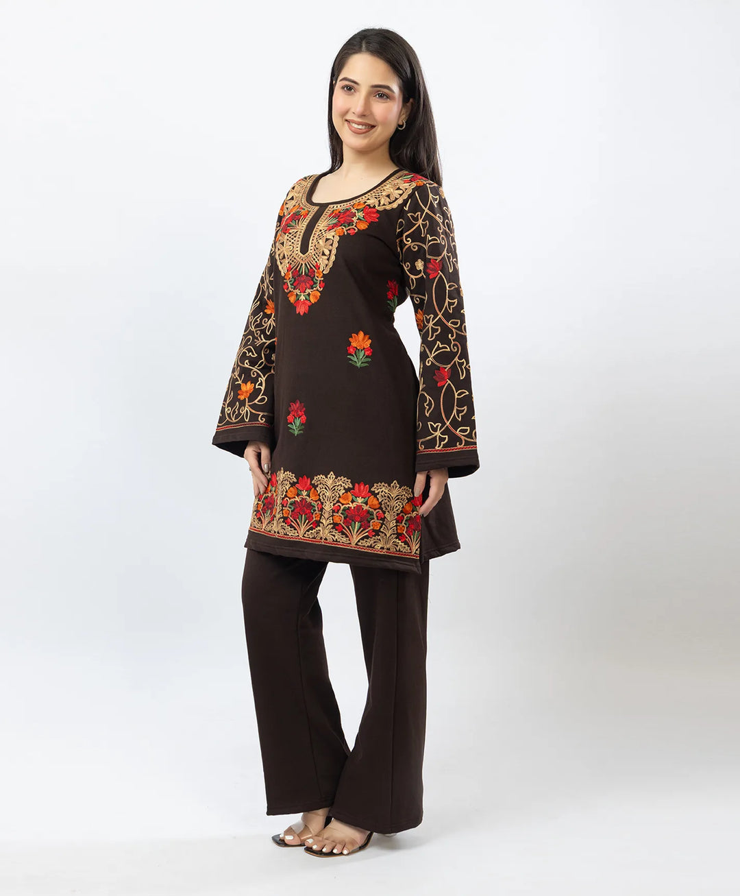 Kashmiri Floral Embroidered Fleece Kurta Set