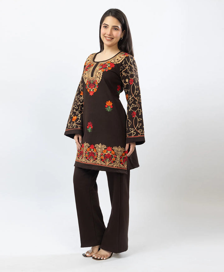 Kashmiri Floral Embroidered Fleece Kurta Set