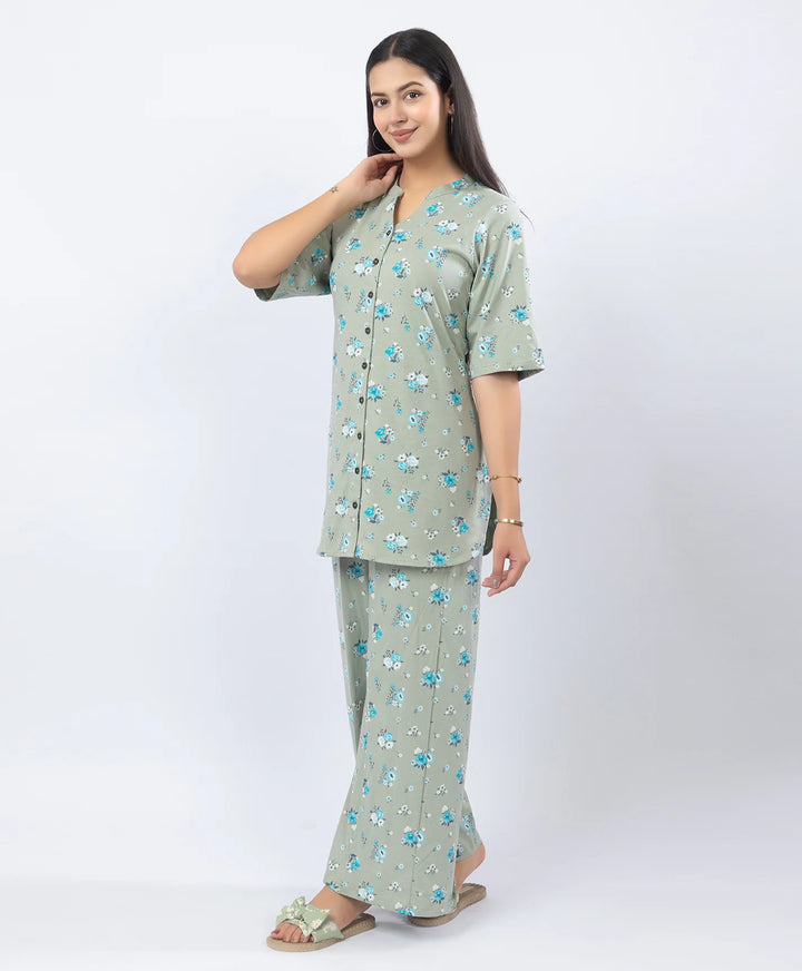 Front-Open Printed Wide-Leg Night Suit