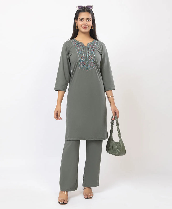 Stylish Neckline Embroidery Straight Kurta Pant Set
