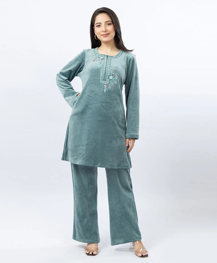 Round Neck Buttoned Kurta and Trouser Set with Embroidery & Pockets.