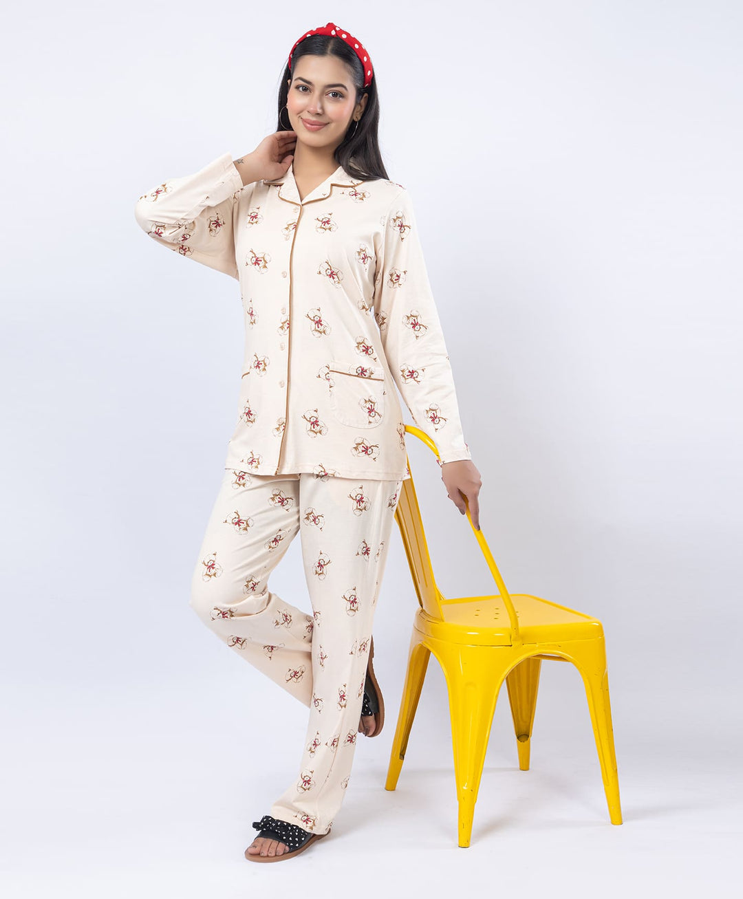 Printed Shirt Collar Front Open Night Suit Set