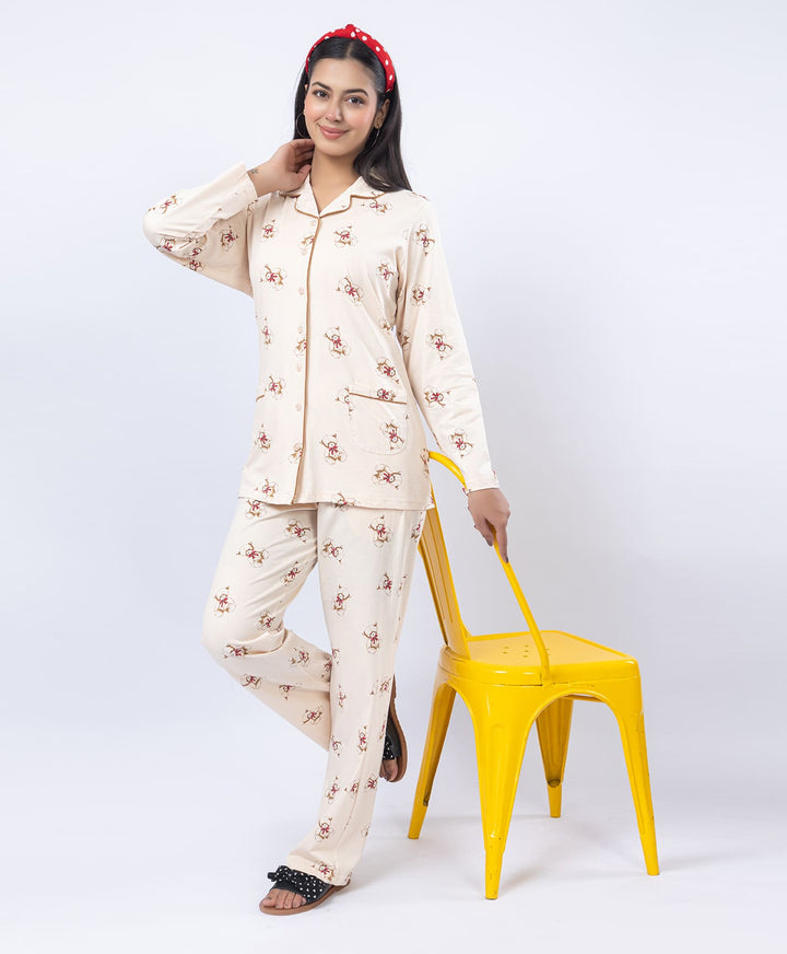 Printed Shirt Collar Front Open Night Suit Set