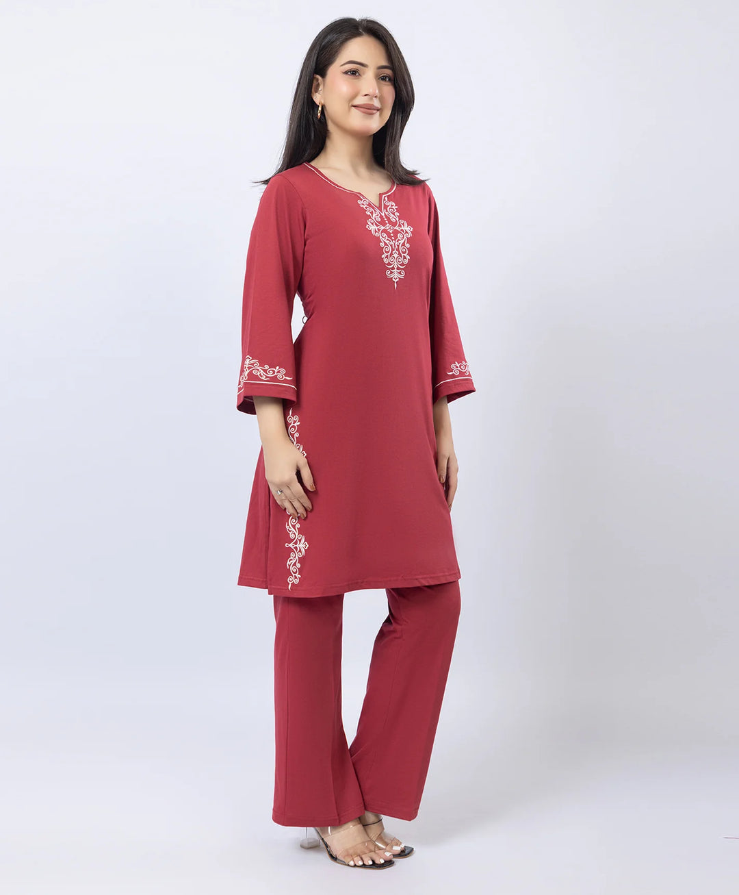 Embroidered V-Slit Straight Kurta Set