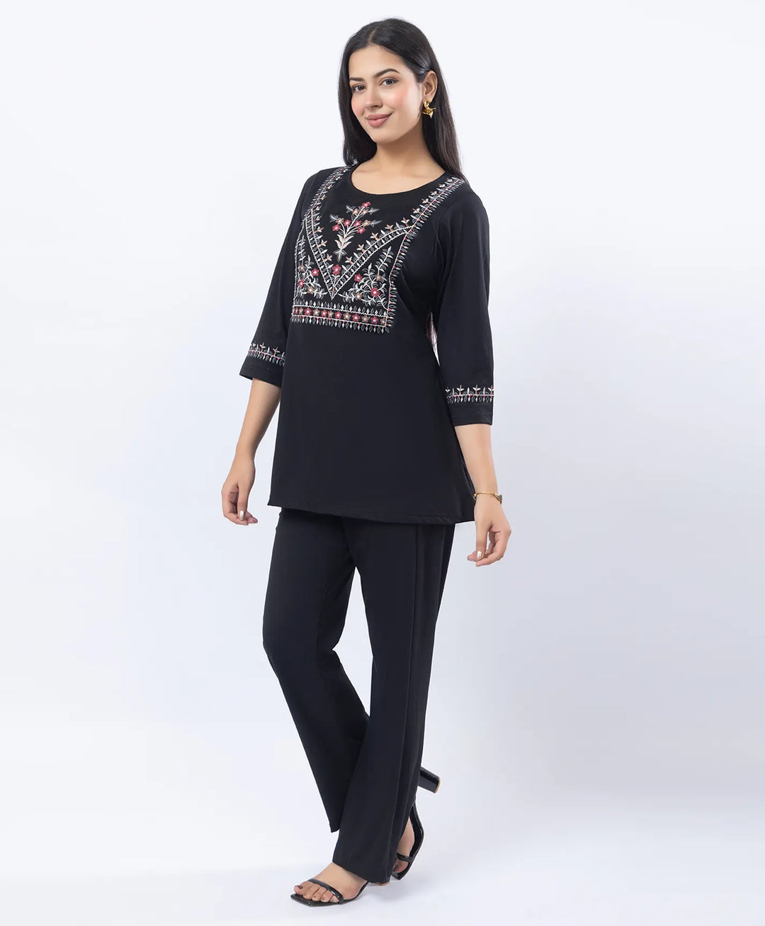Premium Round Neck Embroidered Straight-Fit Co-Ord Set