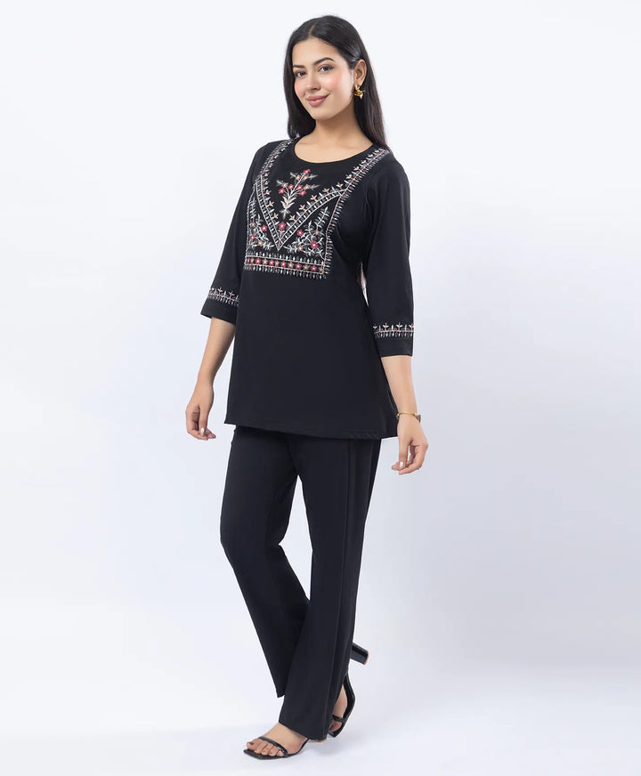 Premium Round Neck Embroidered Straight-Fit Co-Ord Set