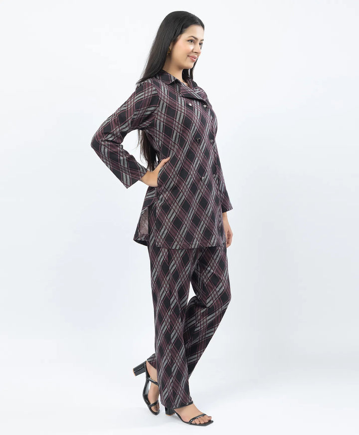Checkered Co-Ord Set with Double-Button Front Placket & Straight Pants
