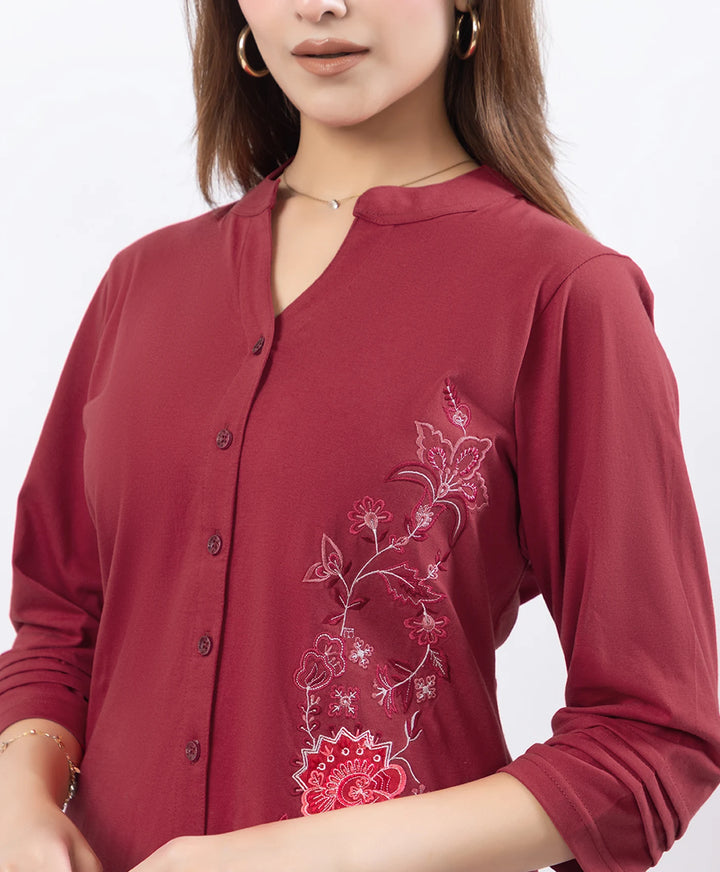 Front-Open Casual Embroidered Co-Ord Set