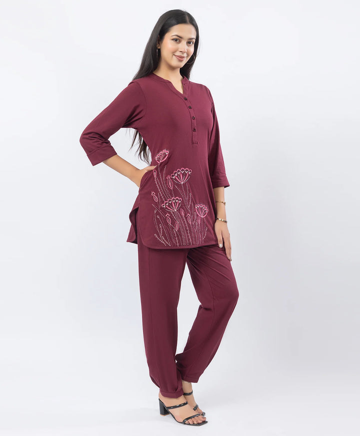 Premium Floral Embroidered Mandarin Collar Kurta Set
