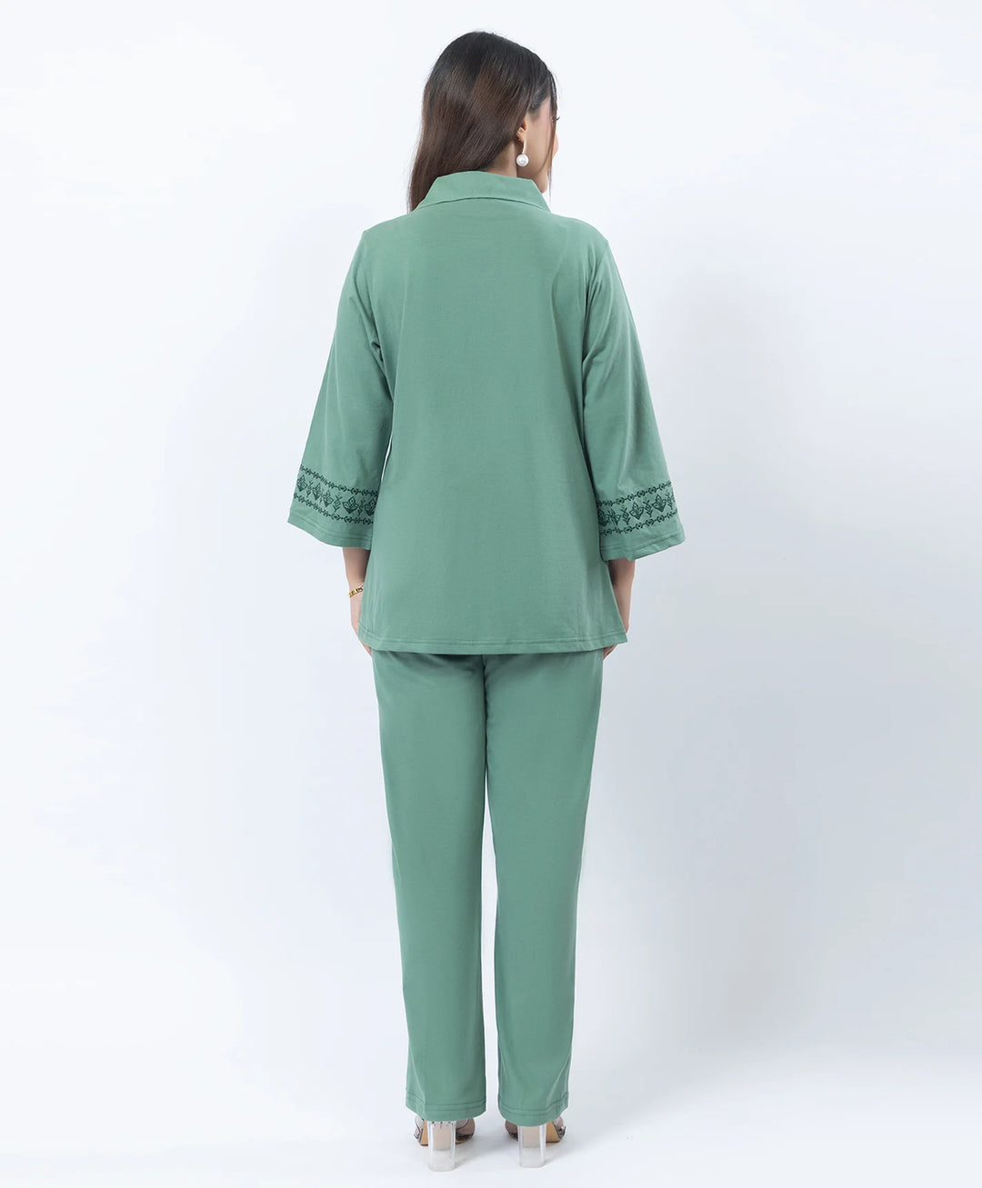 Straight Fit Collared Co-Ord Set with Embroidered Placket & Cuffs