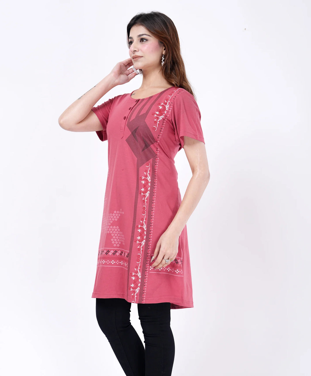 Elegant Printed Button-Neck Straight Long Top