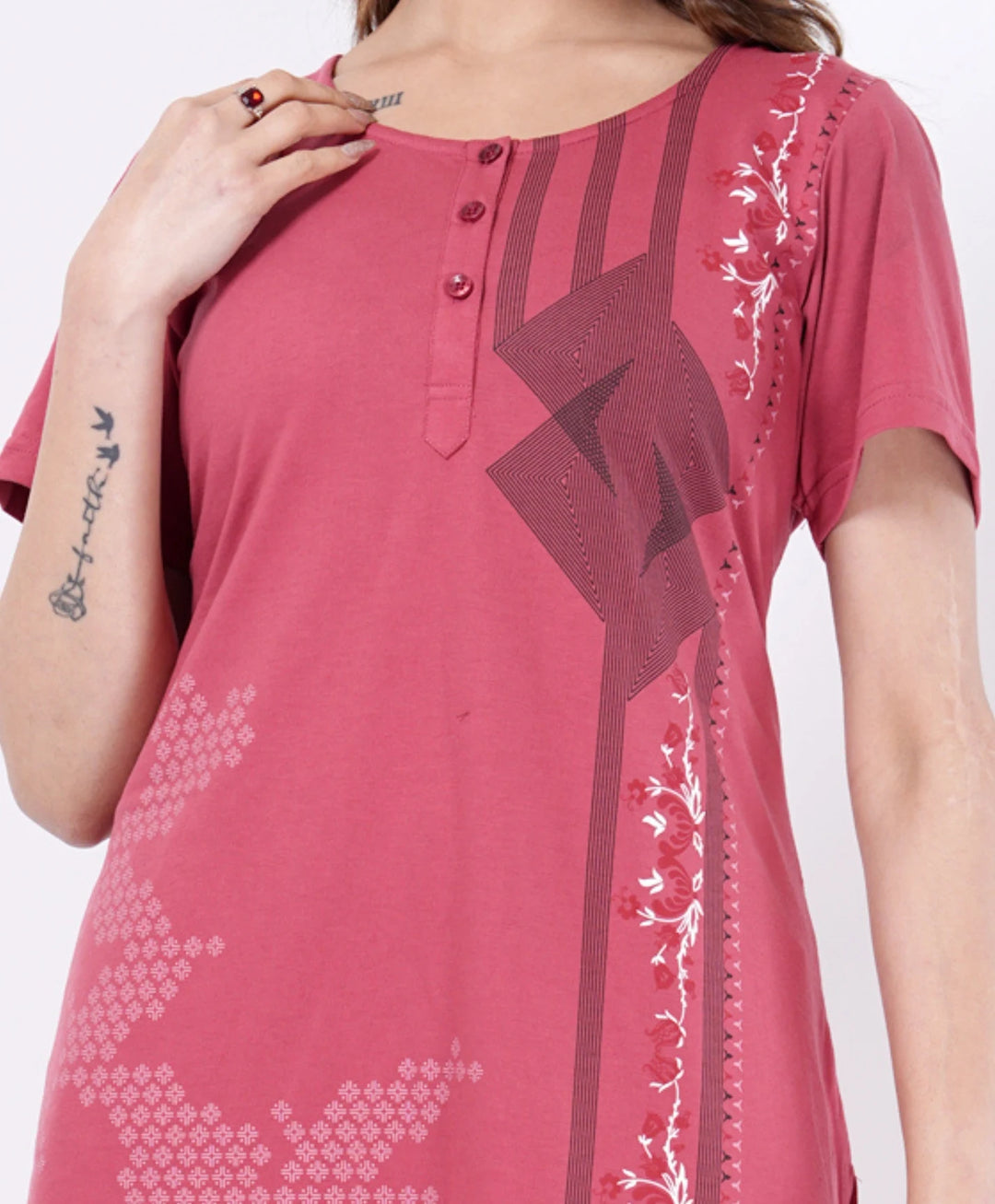 Elegant Printed Button-Neck Straight Long Top