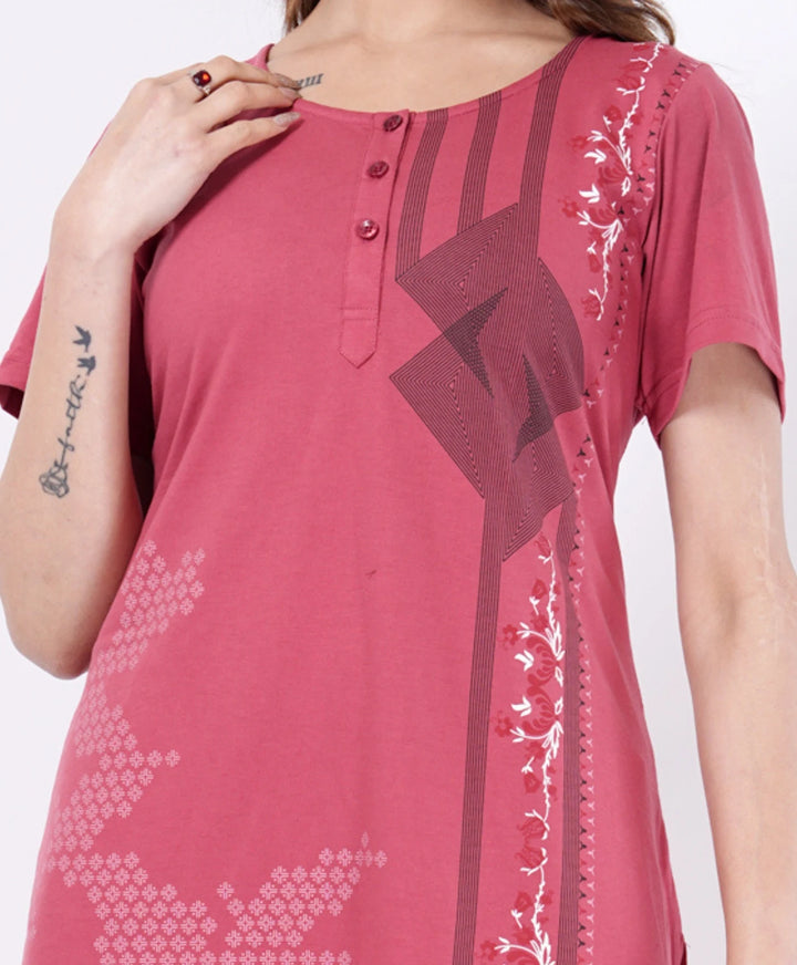 Elegant Printed Button-Neck Straight Long Top