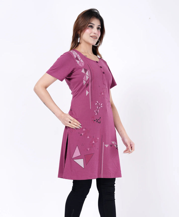 Elegant Printed Button-Neck Straight Long Top