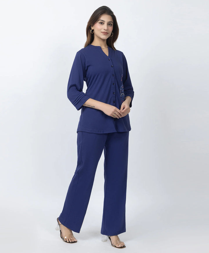 Front-Open Casual Embroidered Co-Ord Set