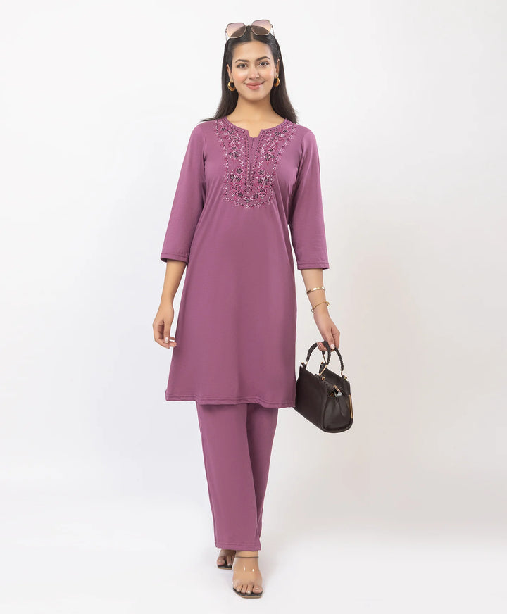 Stylish Neckline Embroidery Straight Kurta Pant Set