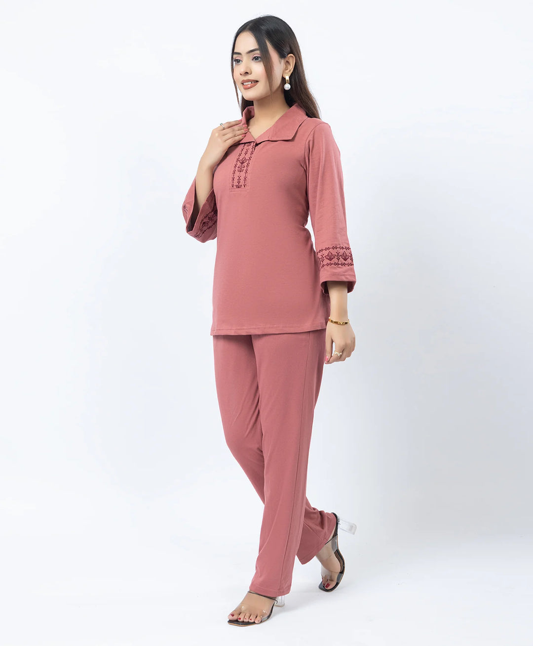Straight Fit Collared Co-Ord Set with Embroidered Placket & Cuffs