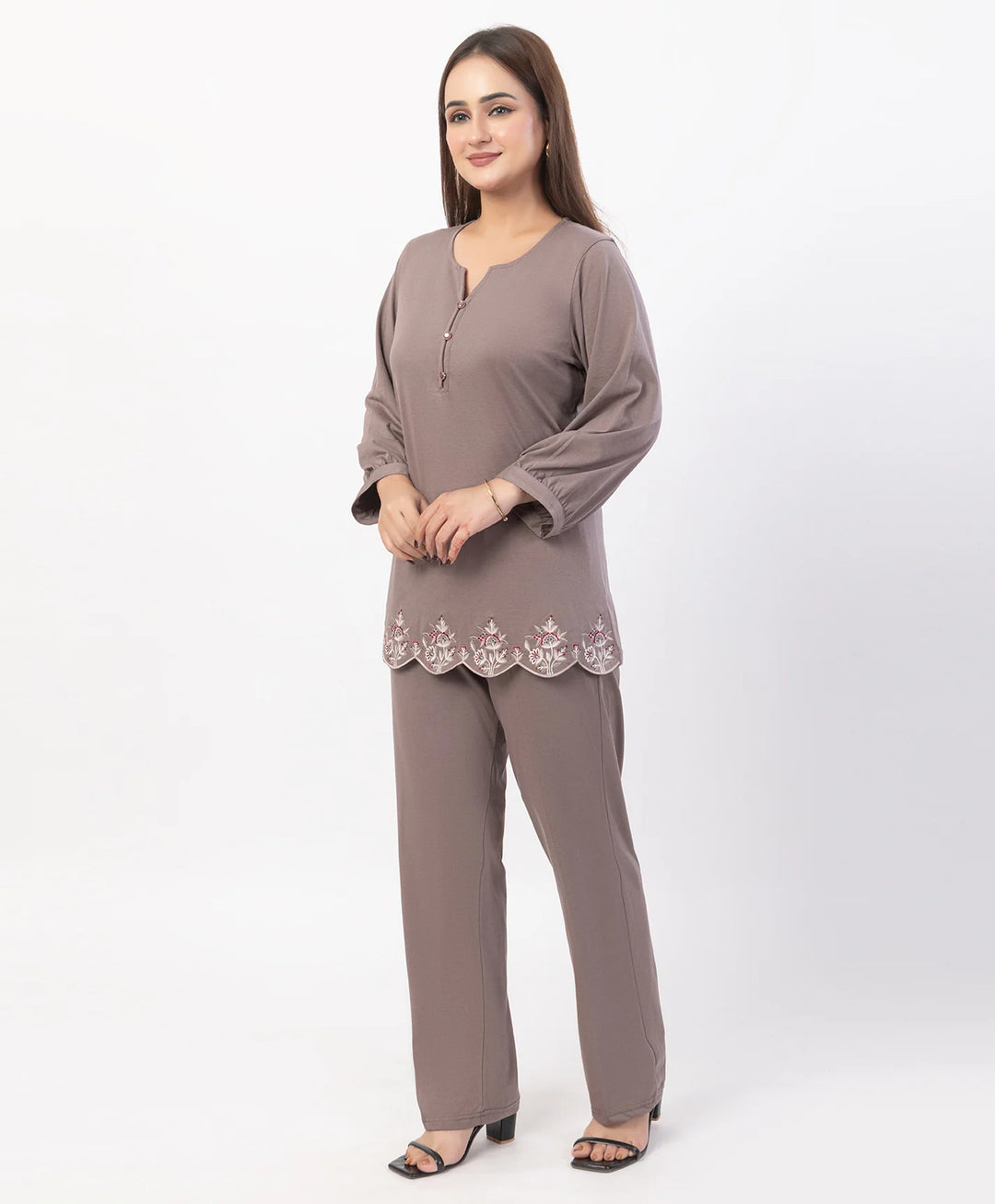 Floral Cut Work Hem Kurta Set with fitted Cuffed Sleeves