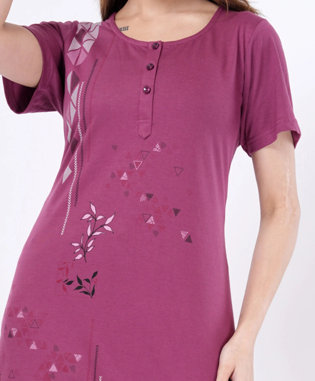 Elegant Printed Button-Neck Straight Long Top