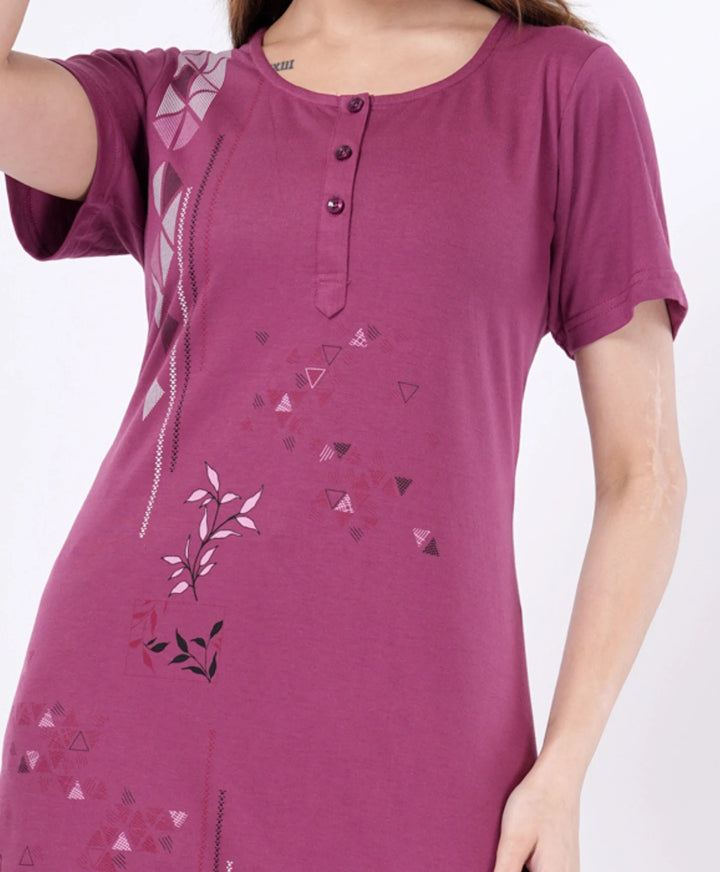 Elegant Printed Button-Neck Straight Long Top