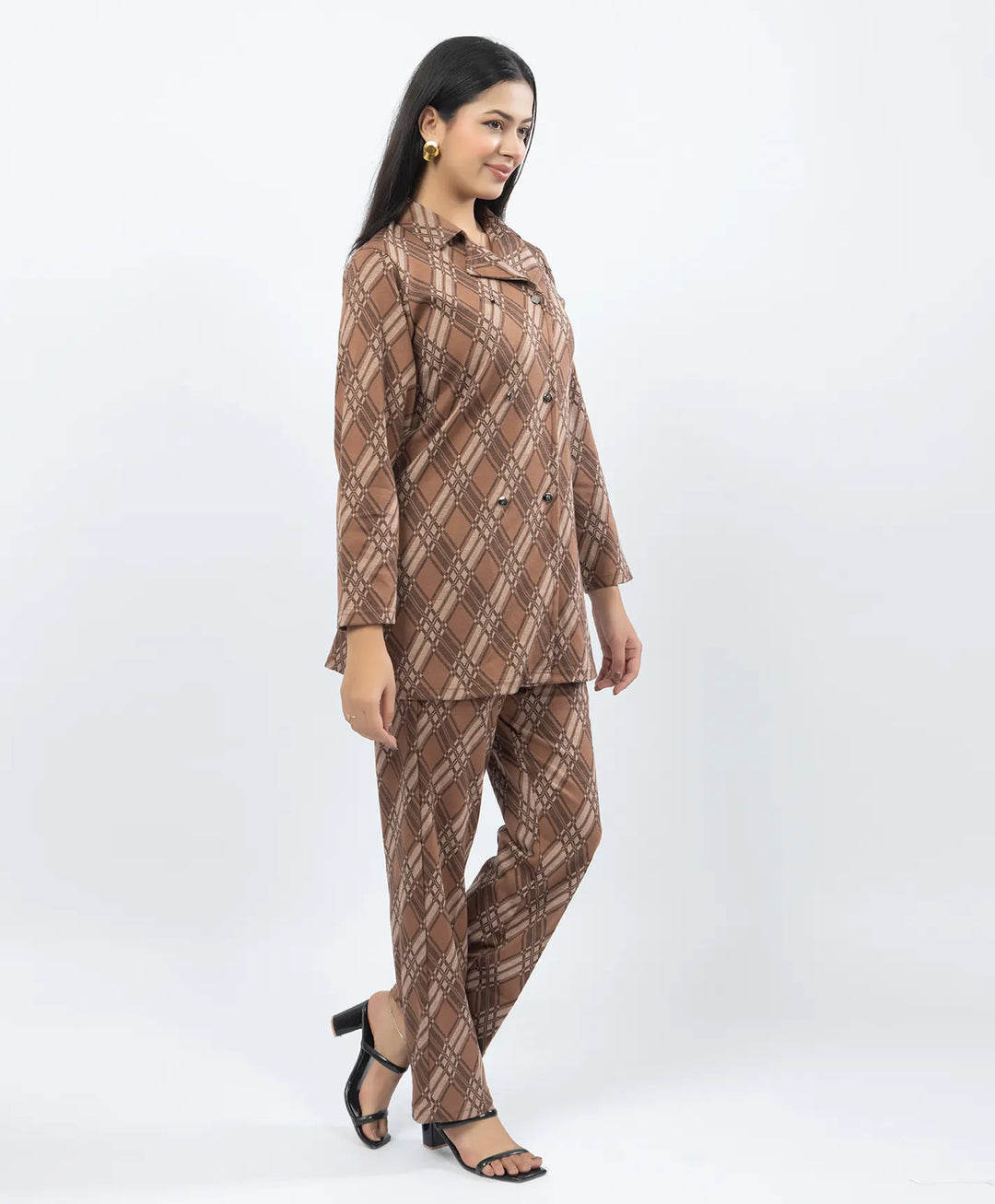Checkered Co-Ord Set with Double-Button Front Placket & Straight Pants