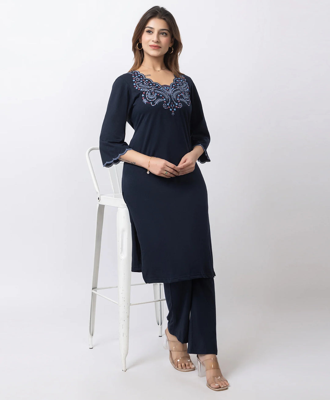Graceful Long Kurta Set with Embroidered Neckline