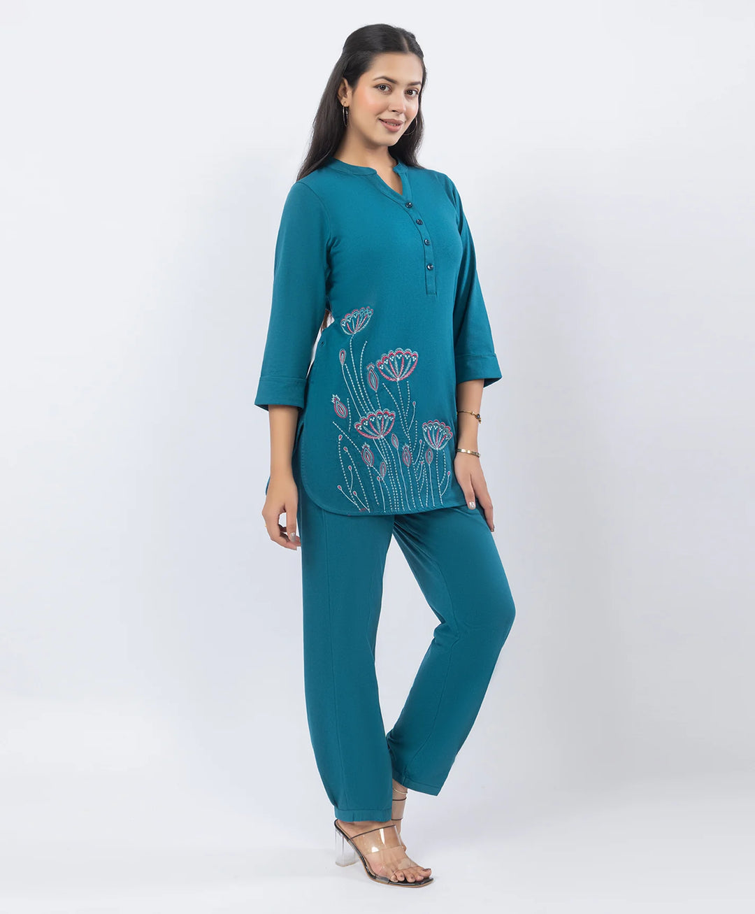 Premium Floral Embroidered Mandarin Collar Kurta Set