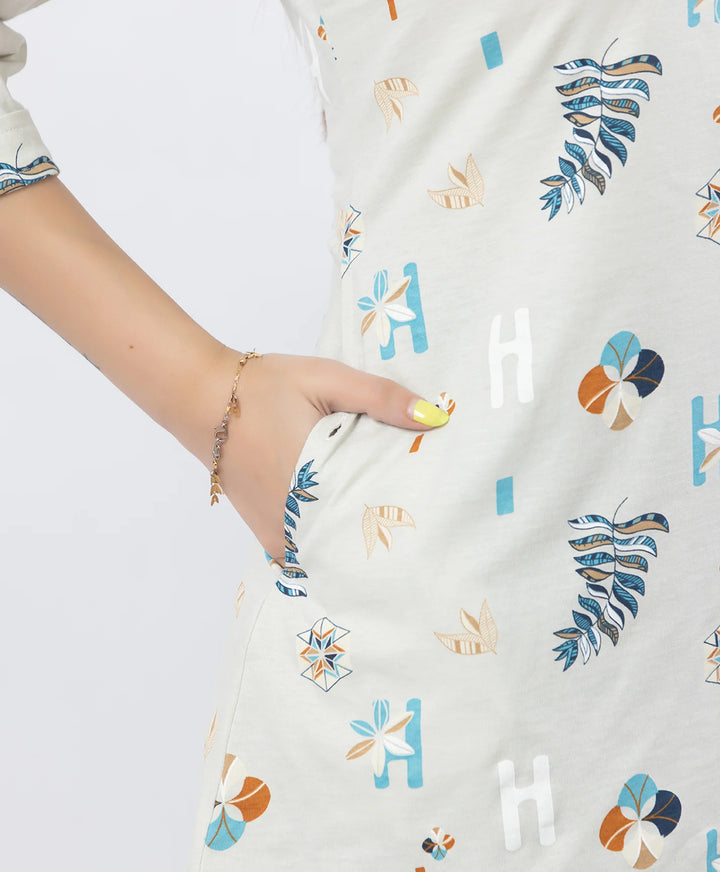 Printed Front-Placket Hip-Length Short Kurti