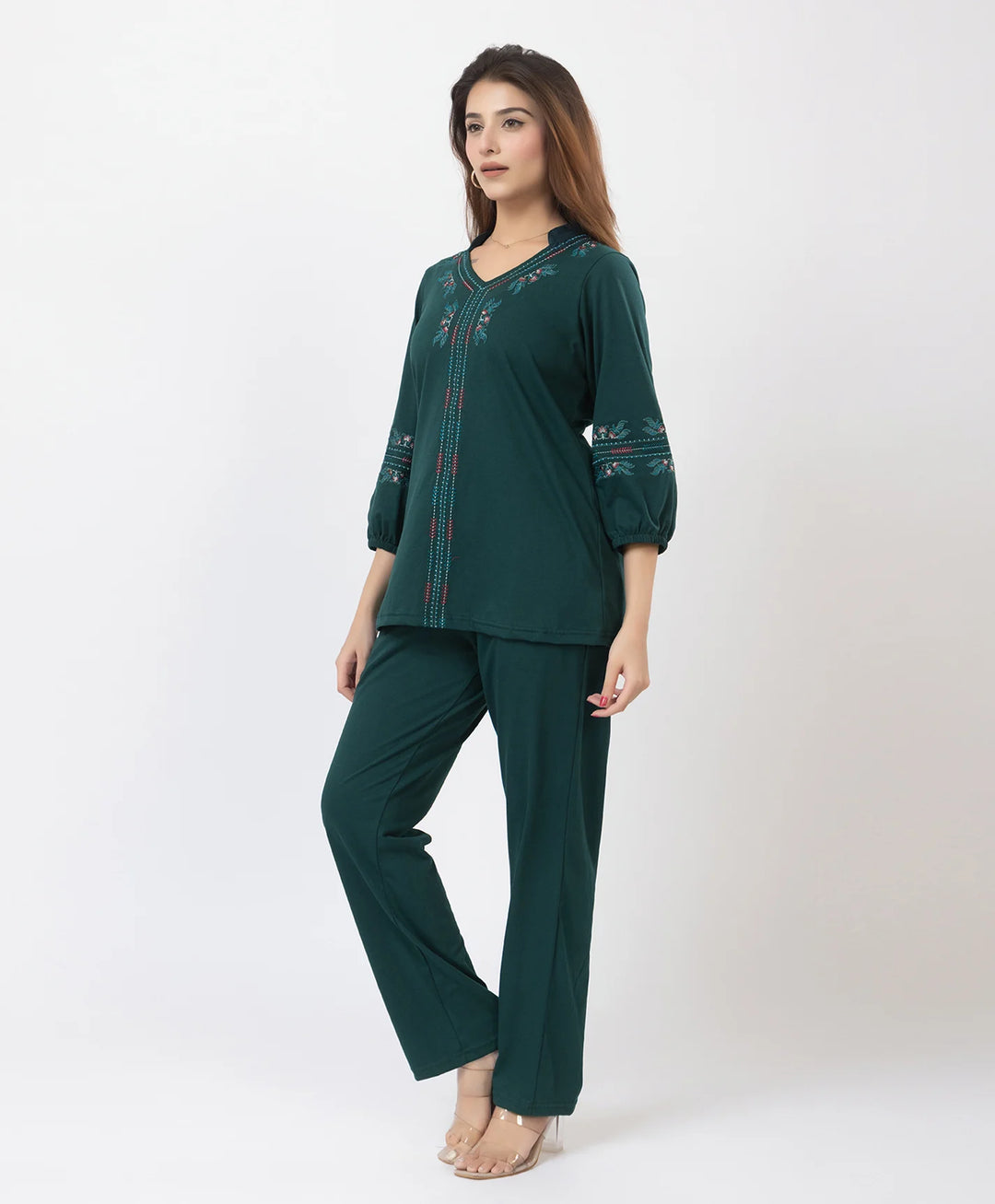 Elegant V-Neck Embroidered Co-Ord Set