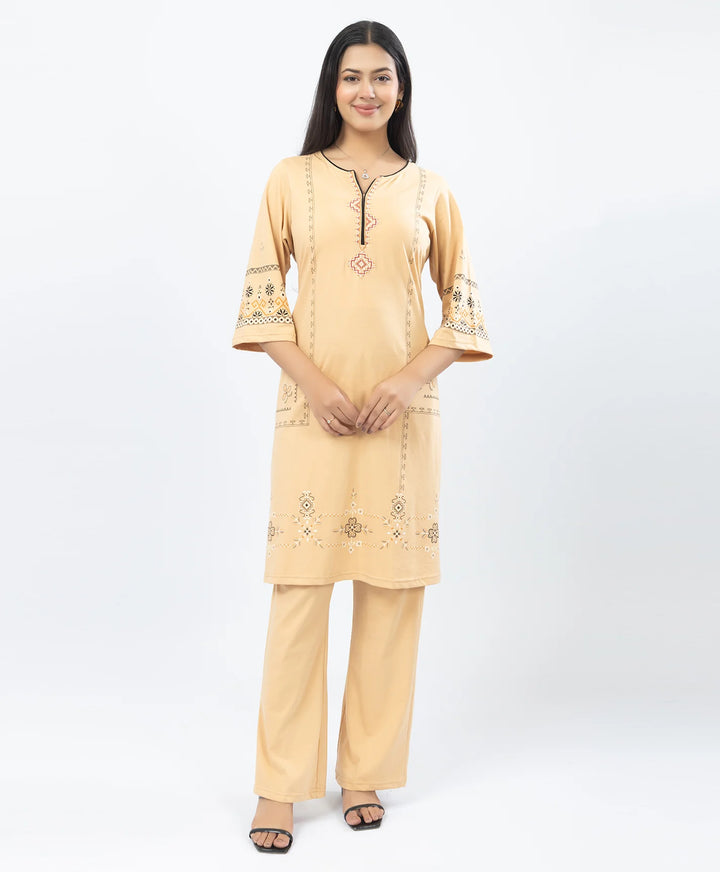 Straight Fit Long Kurta Set with Printed Embroidery Accents