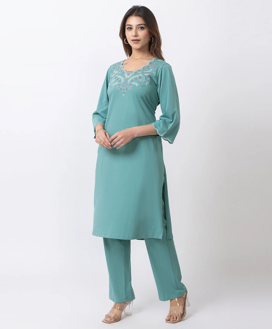 Graceful Long Kurta Set with Embroidered Neckline