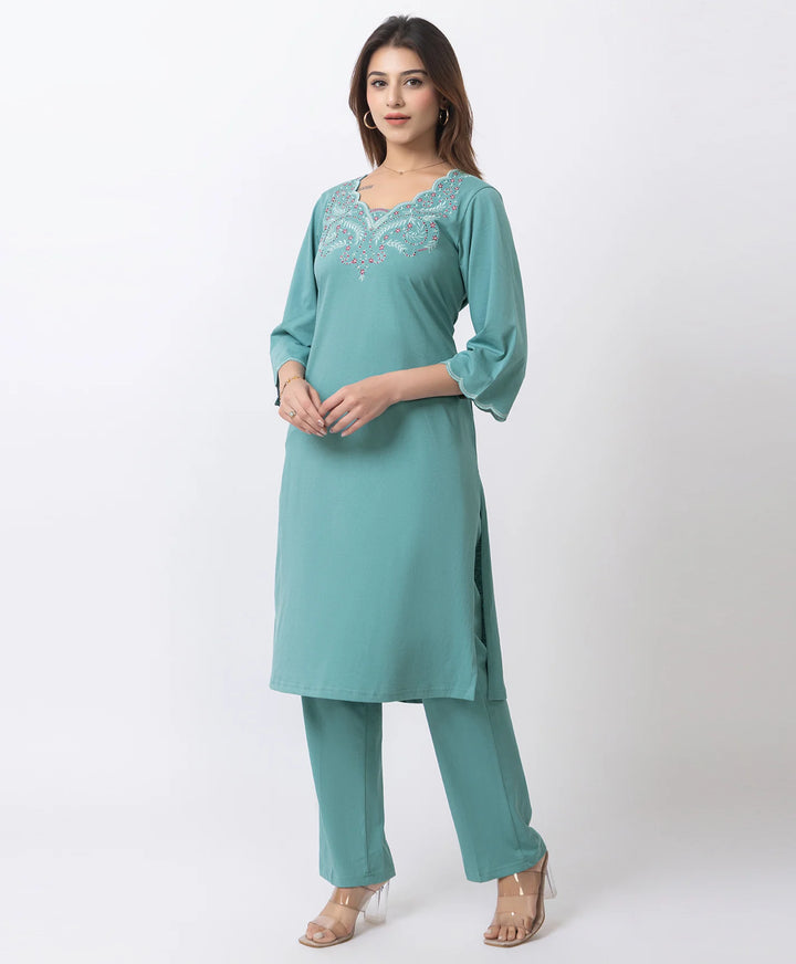 Graceful Long Kurta Set with Embroidered Neckline