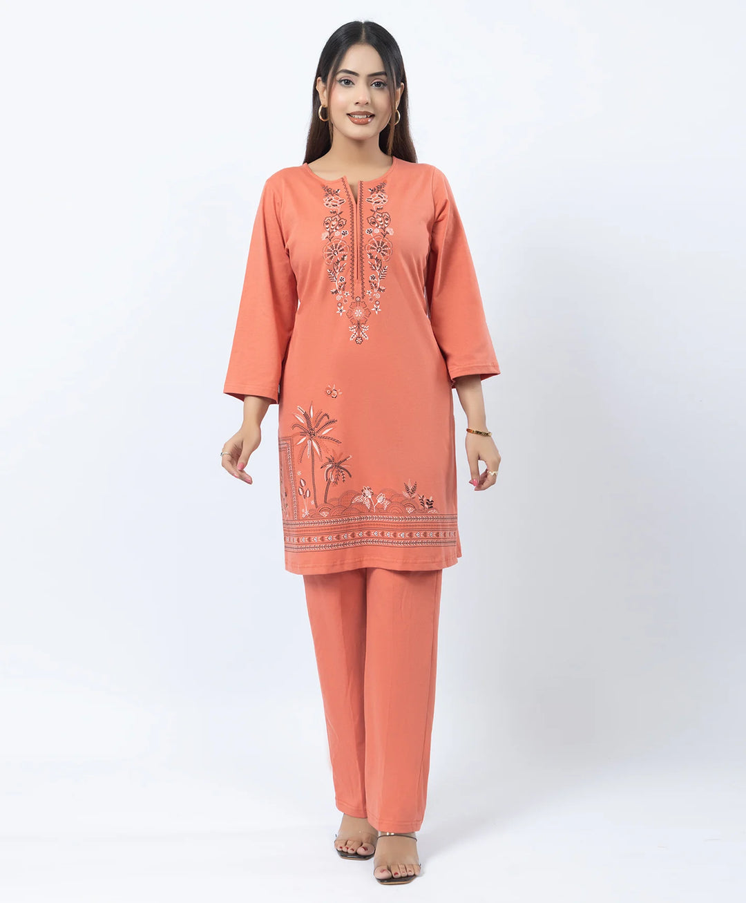 Premium Round Neck Border Printed Kurta Set with Straight-Fit Pants