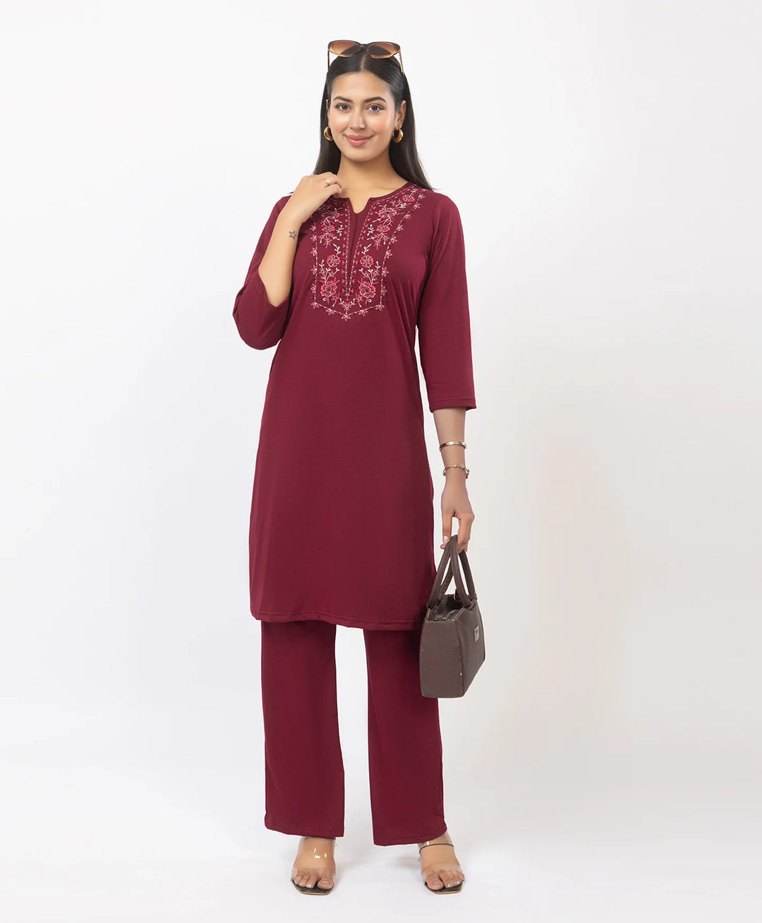 Stylish Neckline Embroidery Straight Kurta Pant Set