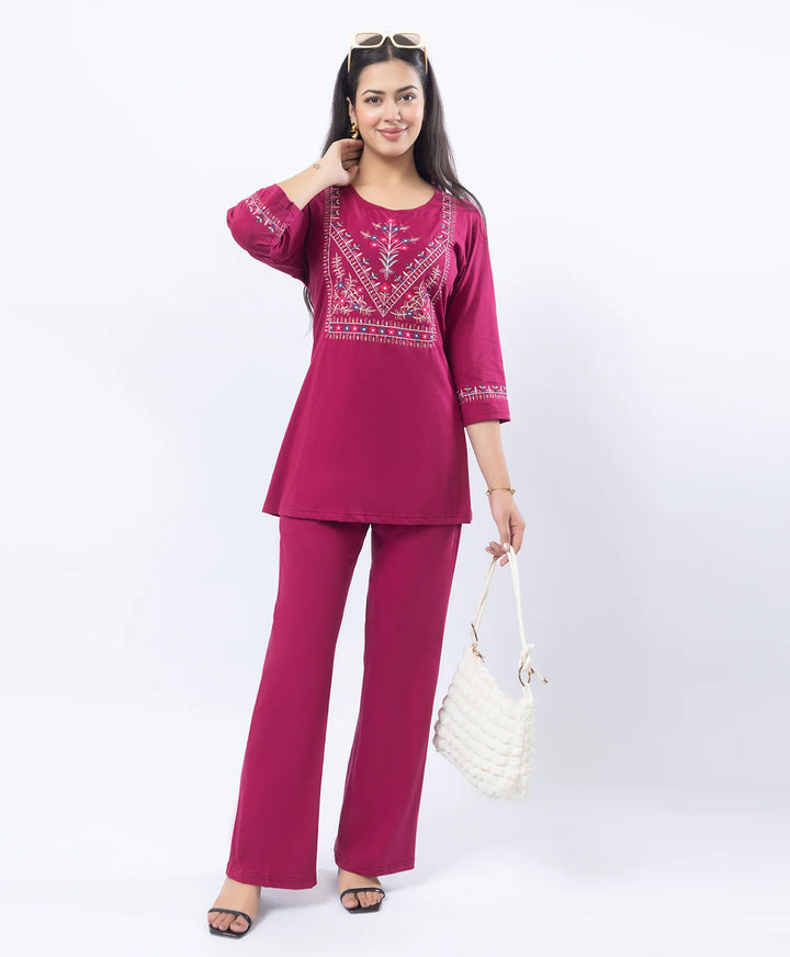Premium Round Neck Embroidered Straight-Fit Co-Ord Set