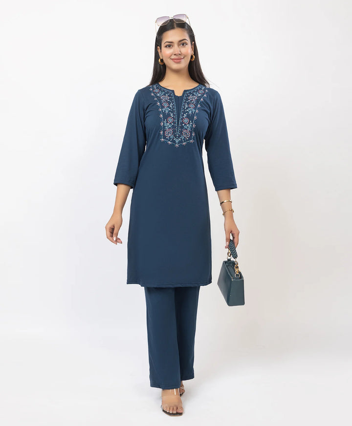 Stylish Neckline Embroidery Straight Kurta Pant Set