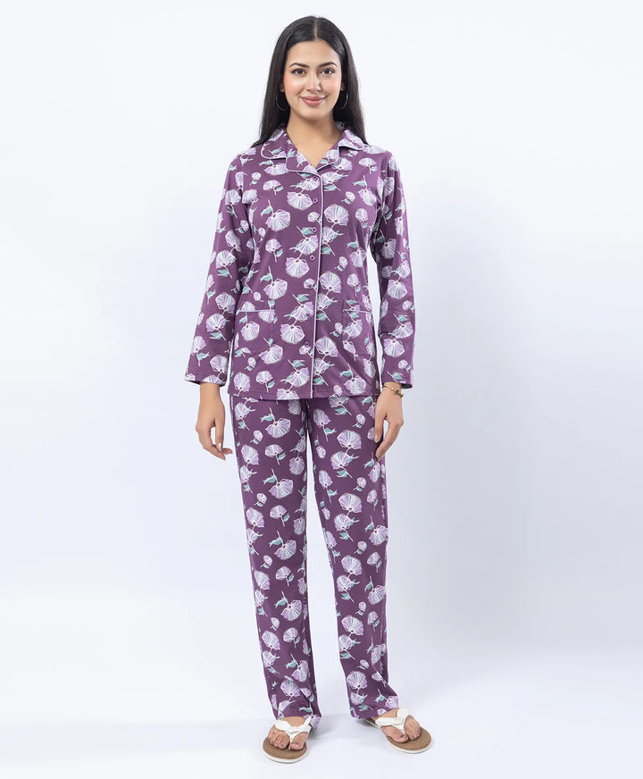 Printed Night Suit with Contrast Piping & Pockets